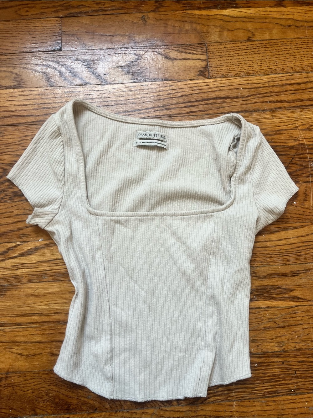 Urban Outfitters Cream Ribbed Square-Neck Short Sleeve Top